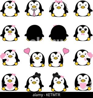 Lovely cute couple cartoon collection penguin ensemble avec l'icône vecteur isoler charactor divers Illustration de Vecteur