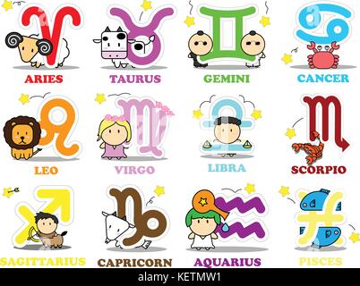 Douze cute cartoon avec de grands signe de zodiaque symbole icône vector isolé sur fond blanc Illustration de Vecteur