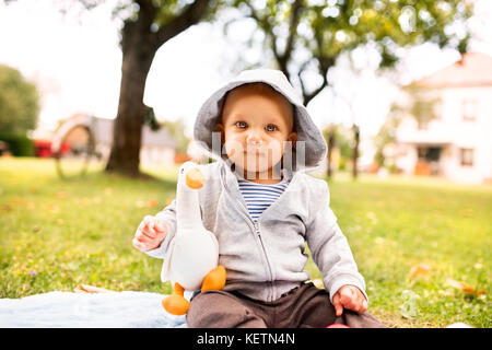 Petit garçon sur l'herbe dans le jardin. Banque D'Images