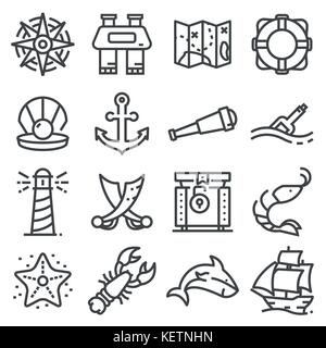 Nautical icons set. set de 16 icônes contour nautique Illustration de Vecteur