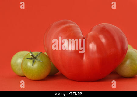 La tomate en forme de coeur et de tomates vertes sur fond rouge Banque D'Images