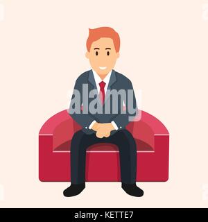 Business illustration de businessman sitting on sofa rouge et d'attente. concept de difficultés de la recherche d'emploi. vecteur télévision design graphique Illustration de Vecteur