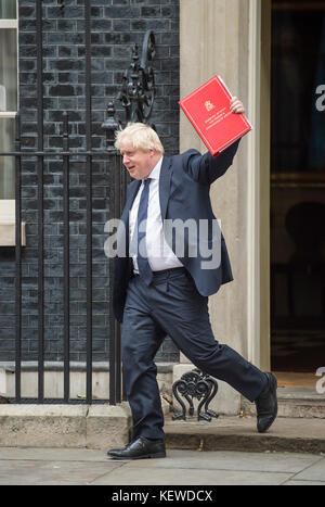 Downing Street, Londres, Royaume-Uni. 24 octobre 2017. Boris Johnson, secrétaire d'État aux Affaires étrangères et du Commonwealth, ministre des Affaires étrangères, se fait entendre lorsqu'il quitte le 10 Downing Street dans une matinée d'automne grise après une longue réunion du cabinet. Crédit : Malcolm Park/Alay Live News. Banque D'Images