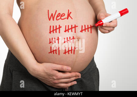 Portrait de femme enceinte avec le ventre sur fond gris peint Banque D'Images