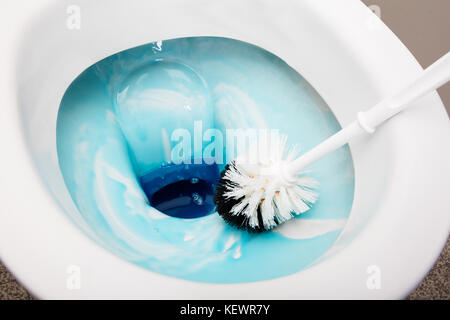 Portrait d'une personne nettoie une salle de bains toilettes avec une brosse à récurer Banque D'Images