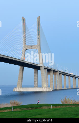 Pont Vasco da Gama sur le Tage (TEJO), le pont le plus long d'Europe. Lisbonne, Portugal Banque D'Images