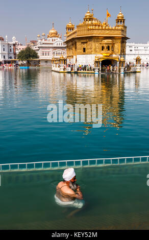 Dévot sikh, l'homme se baignant dans la piscine du Golden Temple d'Amritsar, le lieu le plus sacré de pèlerinage et gurdwara sikh, Amritsar, Punjab, India Banque D'Images