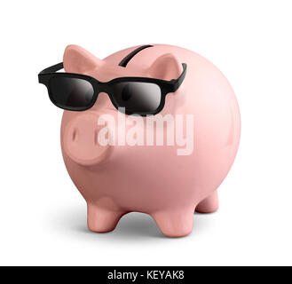 Pink piggy bank with glasses isolated on white Banque D'Images