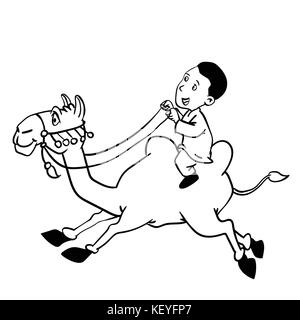 Illustration du garçon arabe équitation camel, style cartoon - vector hand drawn Illustration de Vecteur