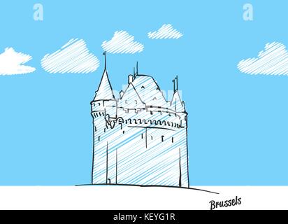 Bruxelles, Belgique célèbre de croquis. Dessin Dessin à la main. L'icône de carte de vœux avec un titre, vector illustration Illustration de Vecteur