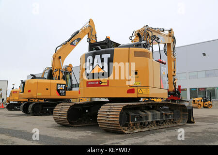 Lieto, Finlande - le 12 mars 2016 : cat 314e la LCR et 313 f excavateurs hydrauliques ainsi que d'autres équipements de construction de chat vu à l'événement public de k Banque D'Images