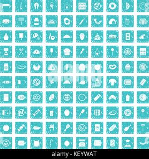 100 plats délicieux icons set bleu grunge Illustration de Vecteur