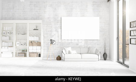 Vue panoramique de l'intérieur à la mode avec un canapé en cuir blanc, cadre vide et copyspace en entente horizontale. Le rendu 3d. Banque D'Images