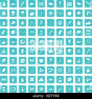 100 eco design icons set bleu grunge Illustration de Vecteur