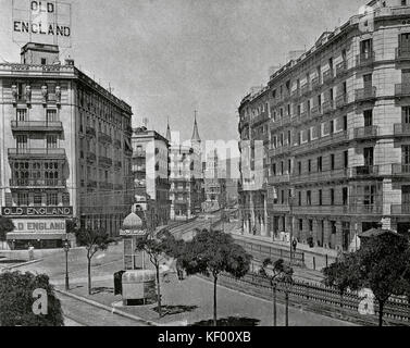 Espagne Catalogne Barcelone... fin du 19ème siècle. rue Balmes avec le chemin de fer de Sarria. dans l'angle, la vieille Angleterre magasin. la photographie. Banque D'Images