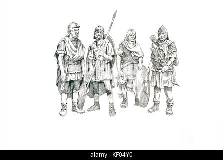 Mur d'Hadrien. Dessin de ligne de reconstruction de quatre soldats en uniforme. Attribué à Philip Corke. c.1985 - c.2000 Hadrien. Banque D'Images