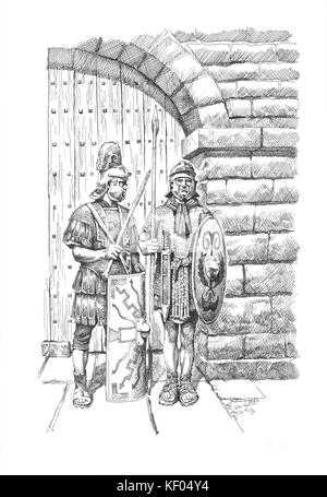 Mur d'Hadrien. Dessin de ligne de la reconstruction de deux soldats romains en face d'un mur d'Hadrien sur la passerelle. Baed sur Grindon Milecastle. Philip C Banque D'Images