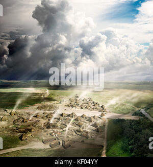 DURRINGTON WALLS, Wiltshire. La reconstruction montrant le village à Durrington Walls, près de Stonehenge en 2500BC, cette vue vers le nord, en Banque D'Images