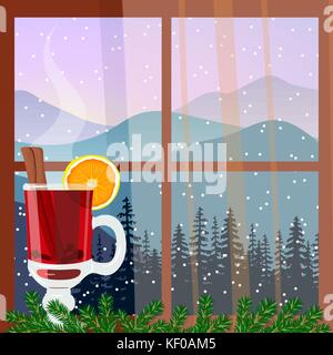 Fenêtre décorée de Noël avec vin chaud. paysage d'hiver avec des silhouettes de montagnes et la forêt. vector illustration Illustration de Vecteur