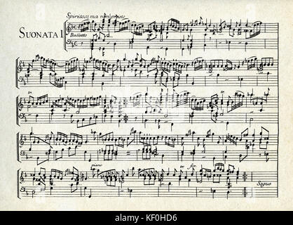 Lodovico Giustini di Pistoia, Sonata 1' Suonata de 'Sonner da I, di cimbalo, piano e forte volgarmente detto di martelletti' (Sonates pour le piano). Page d'ouverture de la partition imprimée. Publié pour la première fois à Florence en 1732, il s'agissait probablement les meilleurs morceaux de musique écrite spécifiquement pour le piano. Lodovico Giustini di Pistoia, compositeur italien, 12 décembre 1685 - 7 février 1743. Banque D'Images