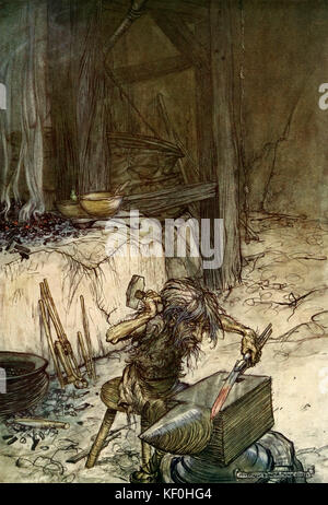 Siegfried de Richard Wagner. Le nain Mime forge une épée. Illustration par Arthur Rackham 1867 - 1939. Légende : 'Mime à l'enclume' Act 1. À partir de 'l'Anneau du Nibelung" / "Der Ring des Nibelungen'. RW compositeur allemand & auteur, 22 mai 1813 - 13 février 1883. Banque D'Images