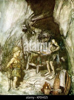 Siegfried de Richard Wagner. Le nain Mime offre nourriture et abri pour le nourrisson Siegfried. Illustration par Arthur Rackham 1867 - 1939. Légende : 'Mime et le taux de Siegfried' Act 1. À partir de 'l'Anneau du Nibelung" / "Der Ring des Nibelungen'. RW compositeur allemand & auteur, 22 mai 1813 - 13 février 1883. Banque D'Images