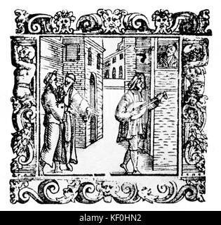 'L' Amfiparnaso" par Orazio Vecchi, d'un madrigal comedy de 1597. Image montrant les caractères Gratiano, Pantalone et Francatrippa à partir de l'édition 1610 de 'L' Amfiparnaso". Vo italienne Composer 6 Décembre 1550 - 19 février 1605. Banque D'Images