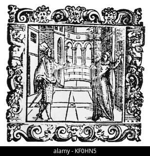 'L' Amfiparnaso" par Orazio Vecchi, d'un madrigal comedy de 1597. Image montrant les personnages Isabella et Lucio à partir de l'édition 1610 de 'L' Amfiparnaso". Vo italienne Composer 6 Décembre 1550 - 19 février 1605. Banque D'Images