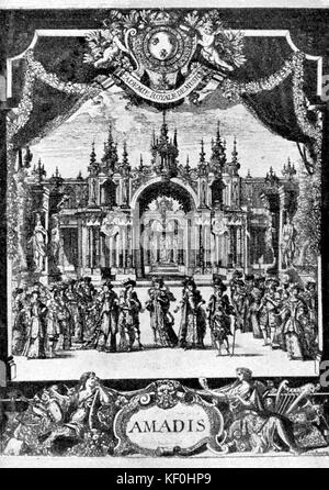 "Amadis" par Jean-Baptiste Lully. Scène et costumes pour la production 1684 par Jean Bérain l'Aîné. J-BL compositeur italien Français 28 novembre 1632 - 22 mars 1687 ; JBtE designer français et rapporteur pour avis 1640 - 24 janvier 1711. Banque D'Images