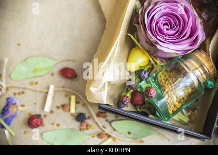 Rose en boîte noire avec une foule de petits détails sur papier fond Banque D'Images