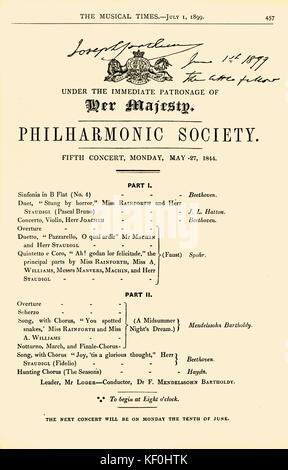 Programme pour le 27 mai 1844 signée par Joseph Joachim, le 1 juin 1899. Cinquième concert de la Société Philharmonique, 27 mai 1844 avec Joachim première performance de 13 à Londres, Hanover Square. JJ, hongrois violoniste, compositeur et chef d'orchestre, 28 juin 1831 - 15 août 1907. Banque D'Images