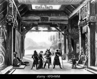 Le Crépuscule des Dieux / Göttterdämmerung par Richard Wagner. Design par Josef Hoffmann. Légende : Le Hall de l'Gibichung. RW : compositeur allemand & auteur, 22 mai 1813 - 13 février 1883. Banque D'Images