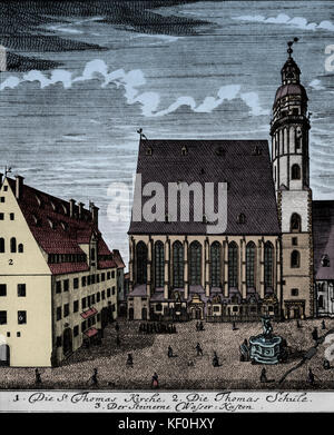 Johann Sebastian Bach - Thomas Kirche & Schule Johann Sebastian Bach. L'Église et de l'école Thomas Thomas à Leipzig Telemann. Thomaskirche. Version colorisée. Banque D'Images