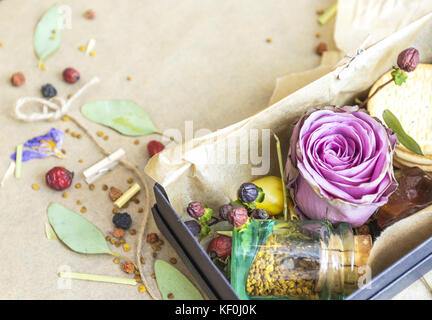 Rose en boîte noire avec une foule de petits détails sur papier fond Banque D'Images