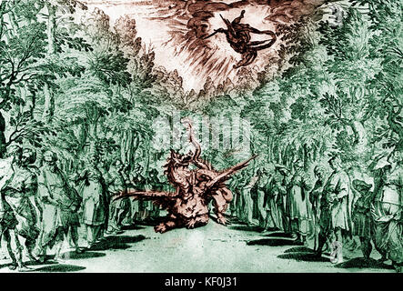 Auxi florentin de 1589 - Battaglia pitica. Conçu par Bernardo Buontalenti pour la troisième intermedio du mariage 1589 Medici : Apollo' s la descente de la nuée à vaincre le dragon Python. (Auxi a tenté de recréer ce qu'on croyait être le monde antique l'intégration de la musique, le théâtre et mise en scène). Version teintée. Banque D'Images