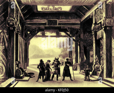 Le Crépuscule des Dieux / Göttterdämmerung par Richard Wagner. Design par Josef Hoffmann. Légende : Le Hall de l'Gibichung. RW : compositeur allemand & auteur, 22 mai 1813 - 13 février 1883. Version teintée. Banque D'Images