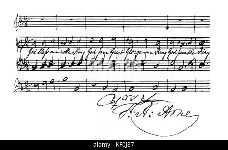 L'hymne national britannique par Thomas Augustine Arne , version précoce dans l'écriture 1745 Arne avec signature. Compositeur anglais, 28 mai 1710 - 5 mars 1778 Banque D'Images