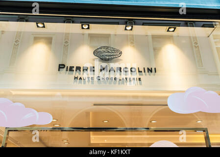 Bruxelles, Belgique - 26 août 2017 : Pierre Marcolini, magasin de bonbons du chocolat belge dans les Galeries Royales Saint-Hubert à Bruxelles, Belgique Banque D'Images