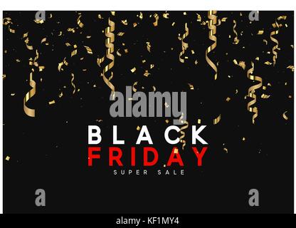 Le vendredi noir super vente. Conception des confettis d'or et la serpentine sur fond noir. Illustration de Vecteur