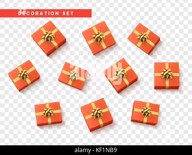 Ensemble boîte-cadeau avec ruban rouge, or et bow. Illustration de Vecteur