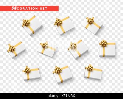 Ensemble boîte-cadeau blanc, avec du ruban d'or et s'incliner. Illustration de Vecteur