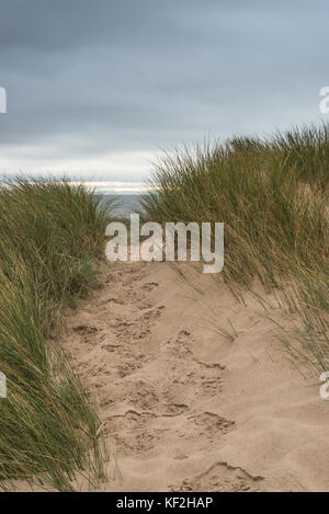 Chemin avec des traces de pas dans le sable sur les dunes côtières de la côte du Lancashire entre la station balnéaire de Blackpool, lytham st annes avec aucun peuple Banque D'Images