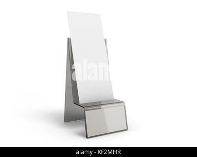 Support pour livrets avec des feuilles de papier blanches sur un fond blanc Banque D'Images