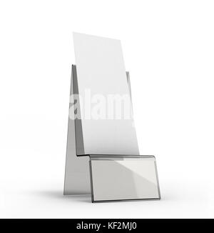 Support pour livrets avec des feuilles de papier blanches sur un fond blanc Banque D'Images