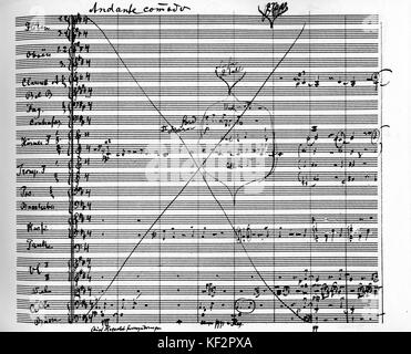 La 9e Symphonie de Gustav Mahler score d'ouverture de la page premier mouvement. Barré. 'Andante comodo' écrit sur le haut de la page. Note manuscrite. N° 9, neuvième. Compositeur autrichien, 1860-1911. Banque D'Images