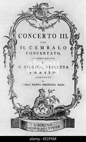 Page de titre de Carl Philipp Emanuel Bach concerto pour clavecin de troisième. Page gravée. CPEB : (8 mars 1714 - 14 décembre 1788) musicien et compositeur allemand, fils de Johann Sebastian Bach. L'un des fondateurs du style classique, la composition dans le style rococo et périodes classiques. Banque D'Images