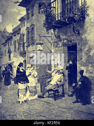 Gioacchino Rossini, opéra 'Barbier de Séville', scène de rue. Après la peinture de F. Maso. Compositeur italien, 29 février 1792 - 13 novembre 1868. Banque D'Images