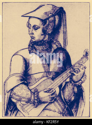 Femme jouant de la guitare, c.1570 à partir de la série de gravures sur bois français non signé Banque D'Images