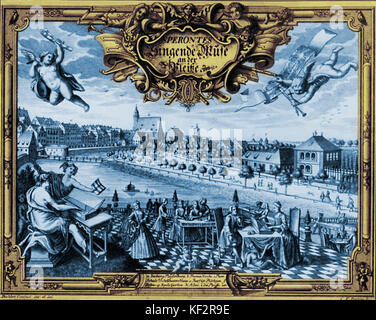 Avis de Johann Sebastian Bach composée à Leipzig en 1736, à partir de titlepage de Johann Sigismund Scholze Sperontes (compositeur allemand, 1705-1750) "ingende Muse' montrant vue de Leipzig de la Coffee House, donnant sur la ThomasKirche / Thomas Kirche / Thomas Église. et la Thomasschule / Thomas School / Thomas Schule) Banque D'Images