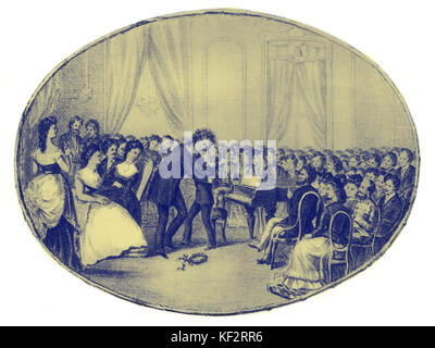 Embrasse Beethoven Liszt après son concert, le 13 avril 1823. Gravure hongrois. , Compositeur allemand Ludwig van Beethoven. 1770-1827 Banque D'Images